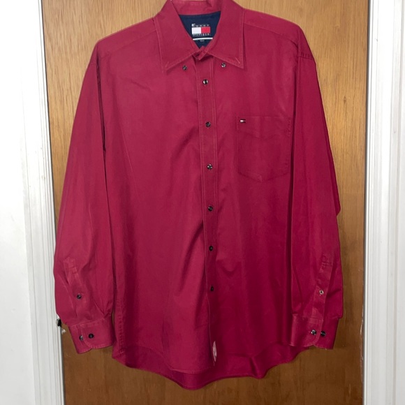 •TOMMY HILFIGER•MENS VINTAGE RED BUTTON UP POLO COLLARED SHIRT SIZE LARGE - Picture 7 of 7